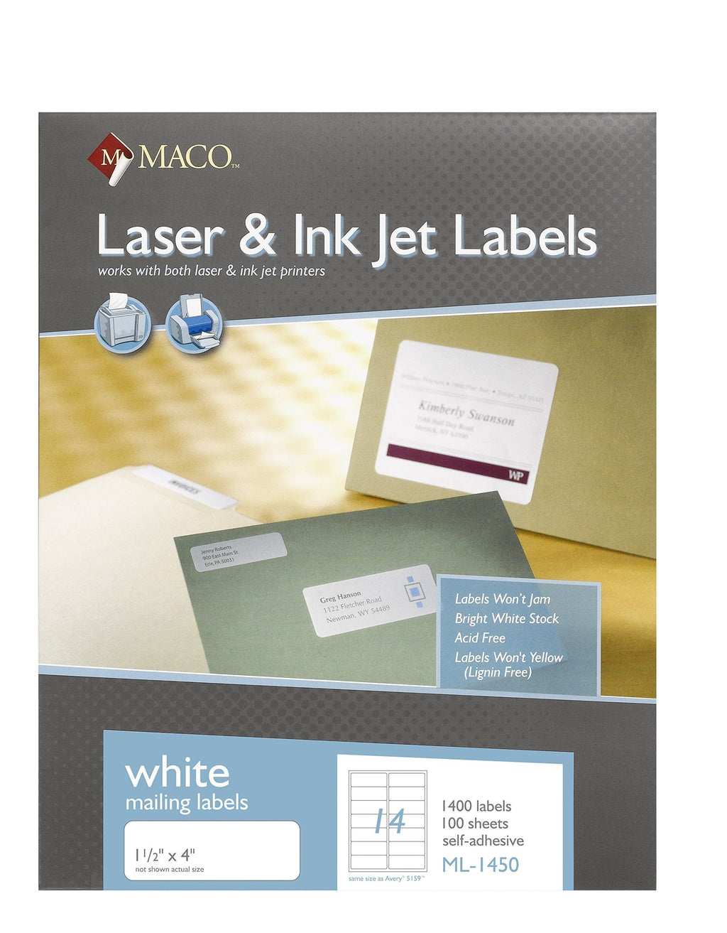 MACO Laser/Ink Jet White Address Labels, 1-1/2 x 4 Inches, 14 Per Sheet, 1400 Per Box (ML-1450)