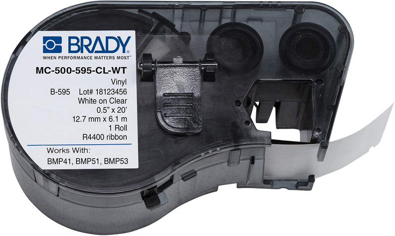 Brady MC-500-595-CL-WT Vinyl B-595 White on Clear Label Maker Cartridge, 20' Width x 1/2" Height, For BMP51/BMP53 Printers