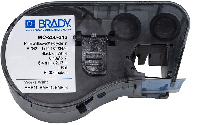 Brady MC-250-342 Polyolefin B-342 Black on White Label Maker Cartridge, 7' Width x 7/16" Height, For BMP51/BMP53 Printers