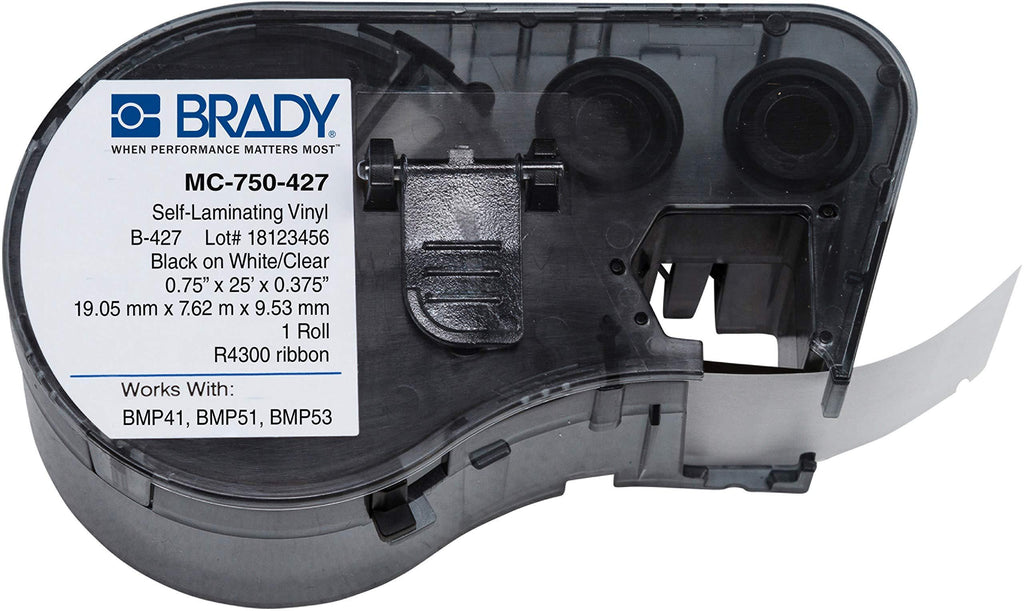 Brady - 143251 MC-750-427 Vinyl B-427 Black on White/Clear Label Maker Cartridge, 3/8" Width x 3/4" Height, For BMP51/BMP53 Printers