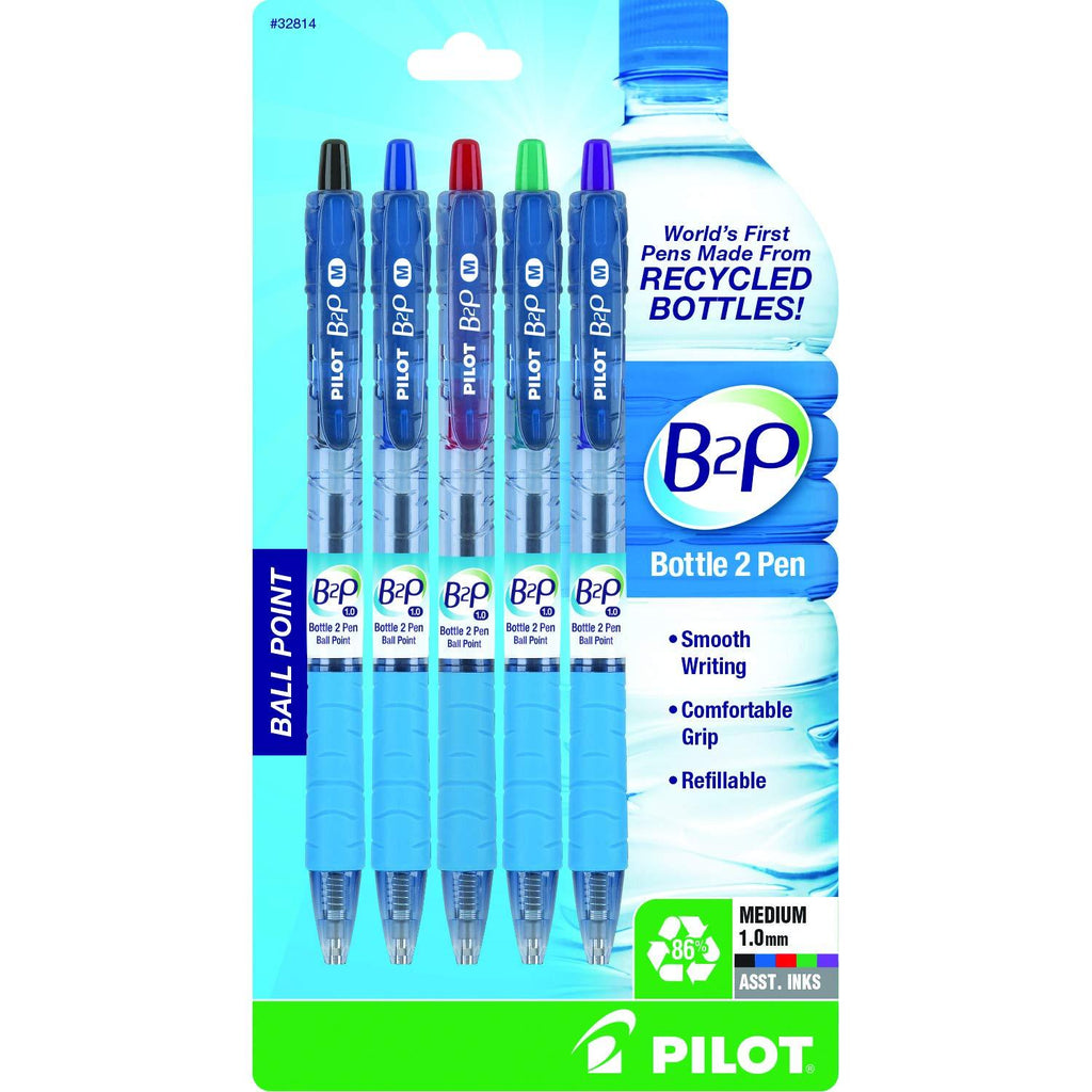 PILOT B2P - Bottle to Pen Refillable & Retractable Ball Point Pen Made From Recycled Bottles, Medium Point, Black/Blue/Red/Green/Purple Inks, 5-Pack (32814) Assorted Colors