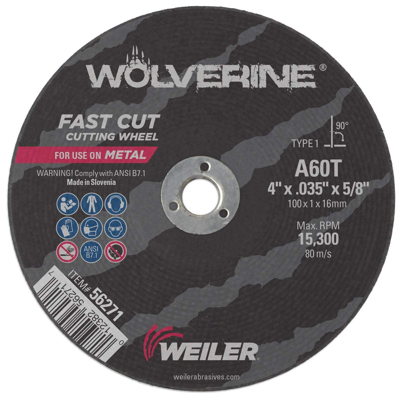 Weiler 56271 4" x 0;035" Wolverine Type 1 Thin Cutting Wheel, A60T, 5 8" A.H. (Pack of 25) 4"
