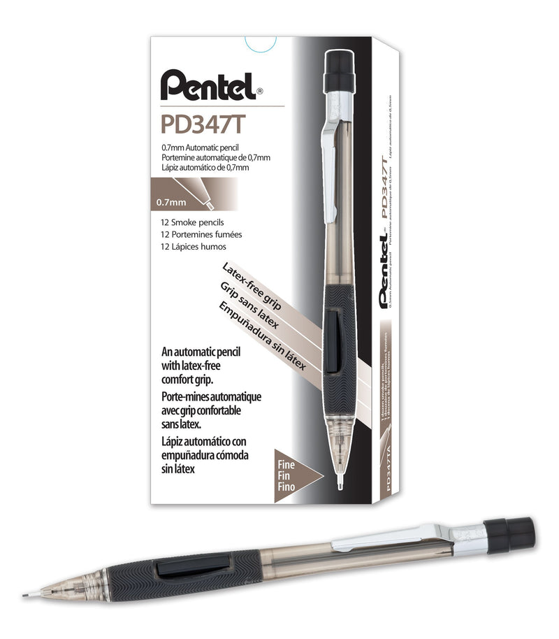 Pentel Quicker Clicker Mechanical Pencil (0.7mm) Transparent Black Barrel, Box of 12 (PD347TA)