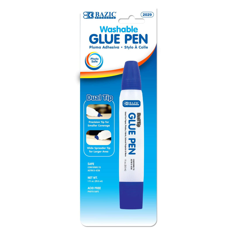 BAZIC Washable Dual Tip Glue Pen 1 Oz. (29.5 mL), Two-Way Applicator Liquid Clear Glues Bond, for Art Crafts Project at School Home Office, 1-Pack 1 oz / pen