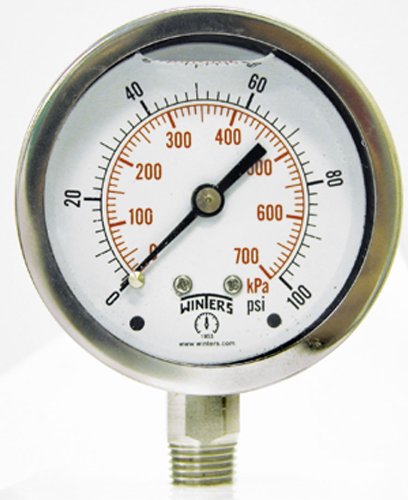 Winters PFQ Series Stainless Steel 304 Dual Scale Liquid Filled Pressure Gauge with st/st Internals, 0-100 psi/kpa 2-1/2" Dial Display, +/-1.5% Accuracy, 1/4" NPT Bottom Mount
