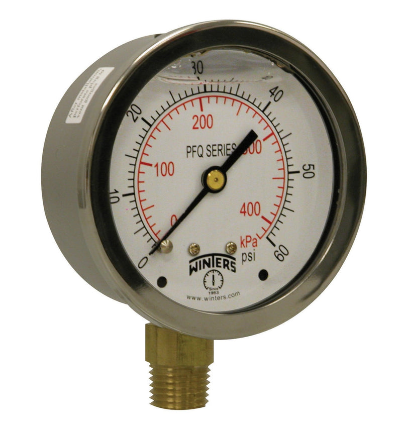 Winters PFQ Series Stainless Steel 304 Dual Scale Liquid Filled Pressure Gauge with Brass Internals, 0-60 psi/kpa,2-1/2" Dial Display, +/-1.5% Accuracy, 1/4" NPT Bottom Mount