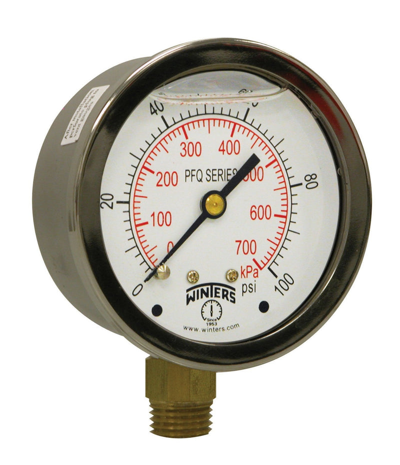 Winters PFQ Series Stainless Steel 304 Dual Scale Liquid Filled Pressure Gauge with Brass Internals, 0-100 psi/kpa,2-1/2" Dial Display, +/-1.5% Accuracy, 1/4" NPT Bottom Mount