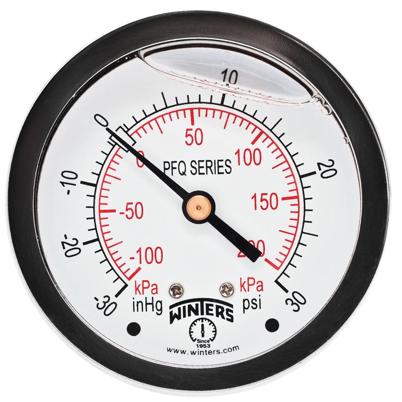 Winters PFQ Series Stainless Steel 304 Dual Scale Liquid Filled Pressure Gauge with Brass Internals, 30" Hg Vacuum-0-30 psi/kpa,2-1/2" Dial Display, +/-1.5% Accuracy, 1/4" NPT Center Back Mount