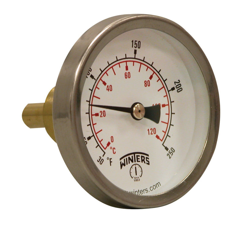 Winters TSW Series Aluminum Dual Scale Hot Water Thermometer, Dial Type, 2-1/2" Dial, 3/4" Sweatwell, 30-250 F/C Range