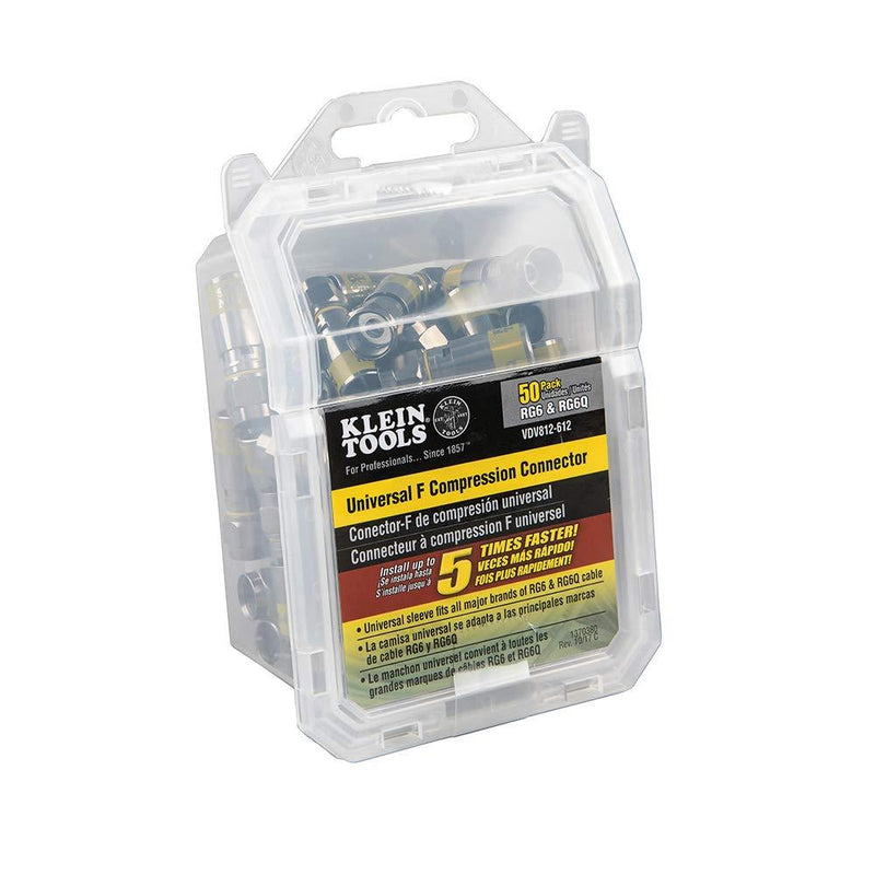 Klein Tools VDV812-612 Compression Connectors, Universal F Connectors RG6/6Q with Universal Sleeve Technology, Professional Grade, 50-Pack 50 Pack