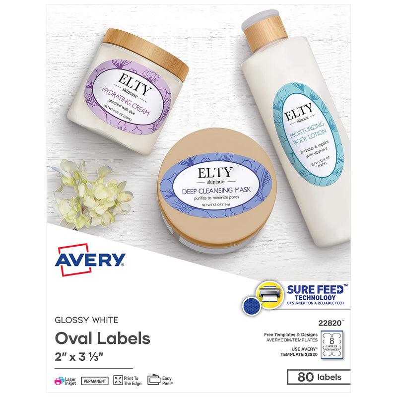 Avery Printable Blank Oval Labels, 2" x 3-1/3", Glossy White, 80 Customizable Labels (22820)