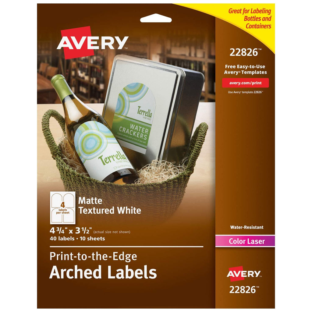 Avery Arched Wine Labels with Sure Feed for Laser Printers, 4.75" x 3.5", 40 White Labels (22826) Textured White