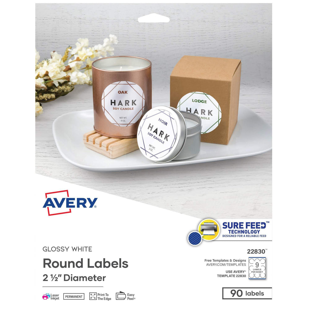 Avery Printable Round Labels with Sure Feed, 2.5" Diameter, Glossy White, 90 Customizable Labels (22830) 90 Labels