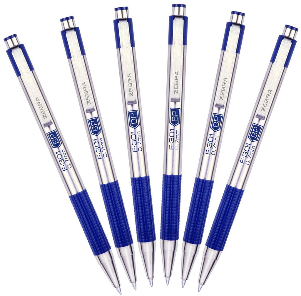 Zebra F-301 Stainless Steel Retractable Ballpoint Pen, 0.7mm, Blue, 6-Pack (27120)