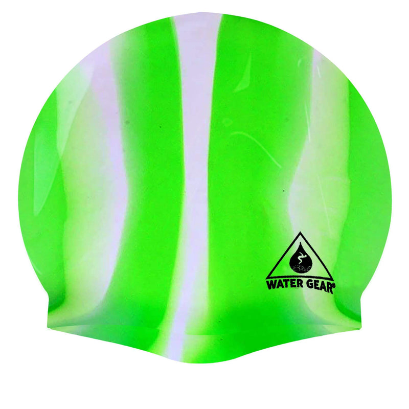 Water Gear Silicone Adult Swim Cap - Flexible Unisex Waterproof - Great for Short and Long Hair - Improve Your Performance - Women Men and Teens -Triathlon Swimmers and Athletes GREEN/WHITE