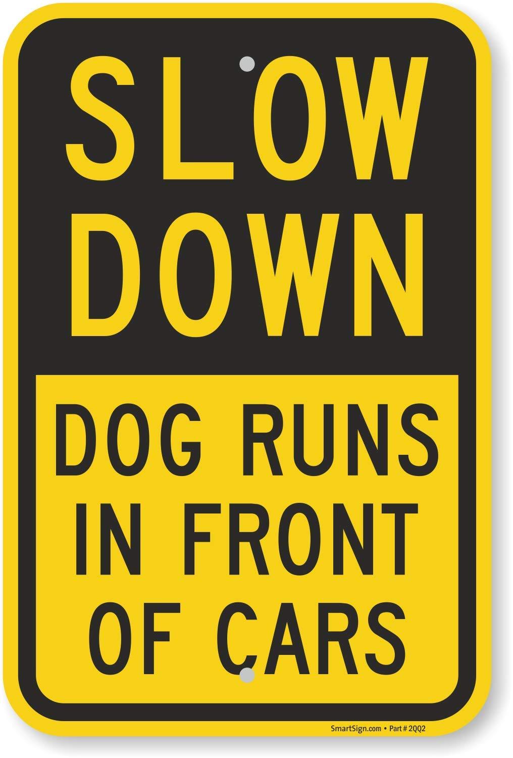 SmartSign - K-9324-AL-12x18 "Slow Down - Dog Runs In Front Of Cars" Sign | 12" x 18" Aluminum Black on Yellow