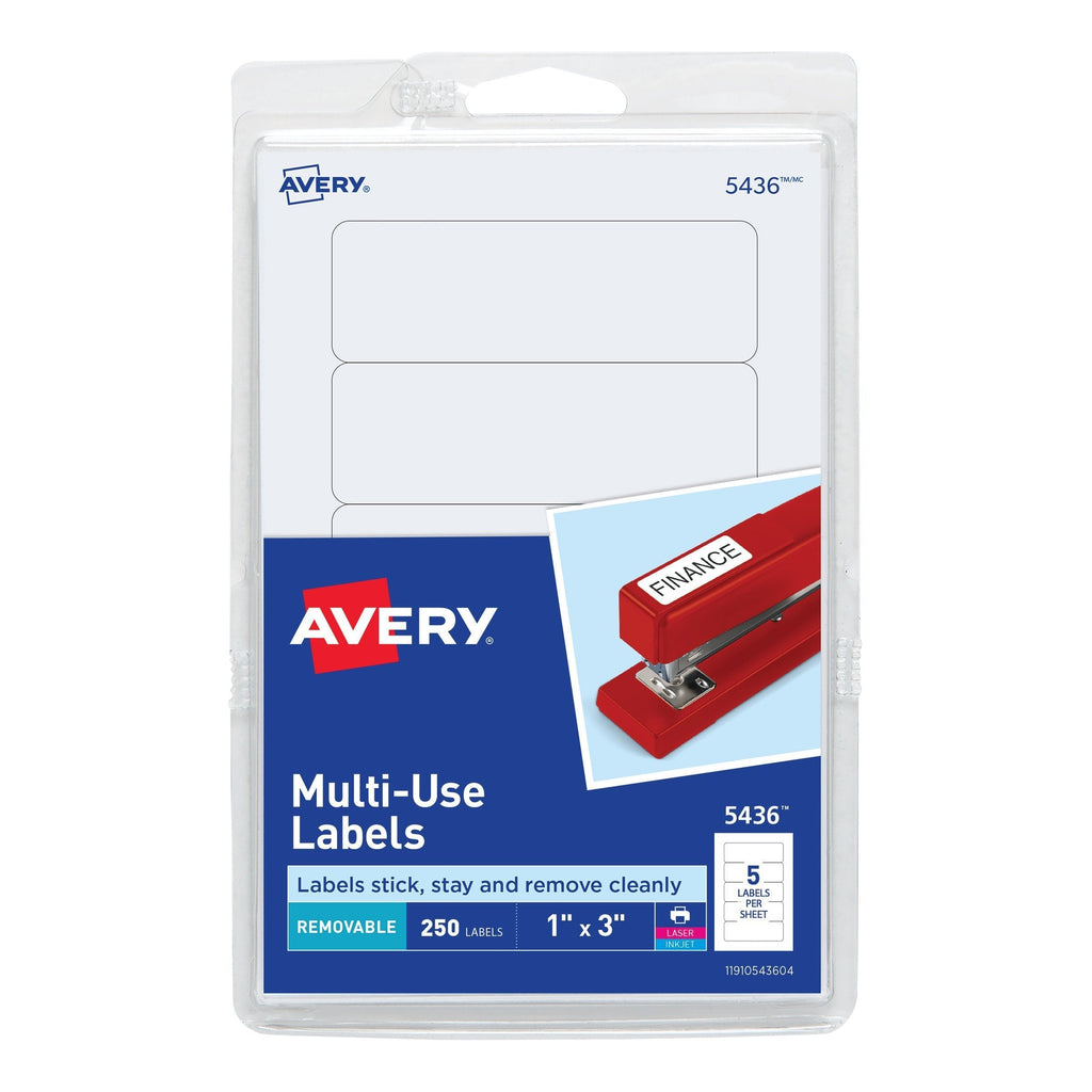 Avery Removable Print/Write Labels, 1 x 3 Inches, White, Pack of 250 (5436) (05436) 1" x 3"