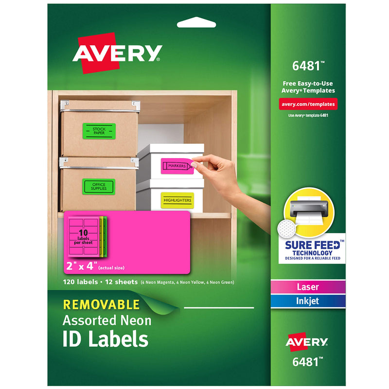 Avery Multipurpose Labels, Removable, Assorted Neon, 2 x 4 Inches, Pack of 120 (6481) 1 Pack