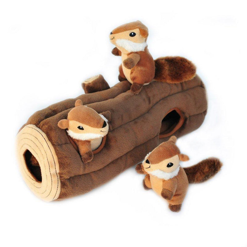 ZippyPaws - Woodland Friends Burrow, Interactive Squeaky Hide and Seek Plush Dog Toy 14x6x6 Inch (Pack of 1) Chipmunks ‘n Log
