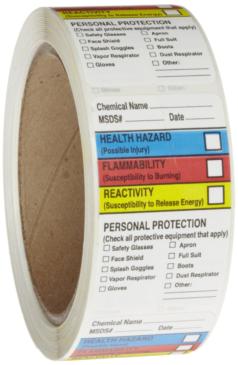 Roll Products 163-0015 Litho Removable Adhesive HMIG Label with 4 Color Imprint, MSDS Chemical Name (with blank), 2-1/2" Length x 1-1/2" Width, For Identifying and Marking, White (Roll of 250)