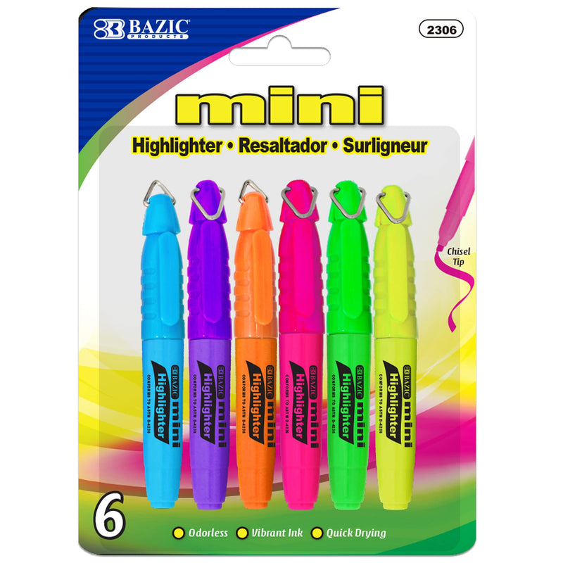 BAZIC Mini Highlighter Pen Assorted Color, Chisel Tip Broad Fine Line Highlighters Coloring Marker (6/Pack), 1-Pack Assorted Colors (6-count)