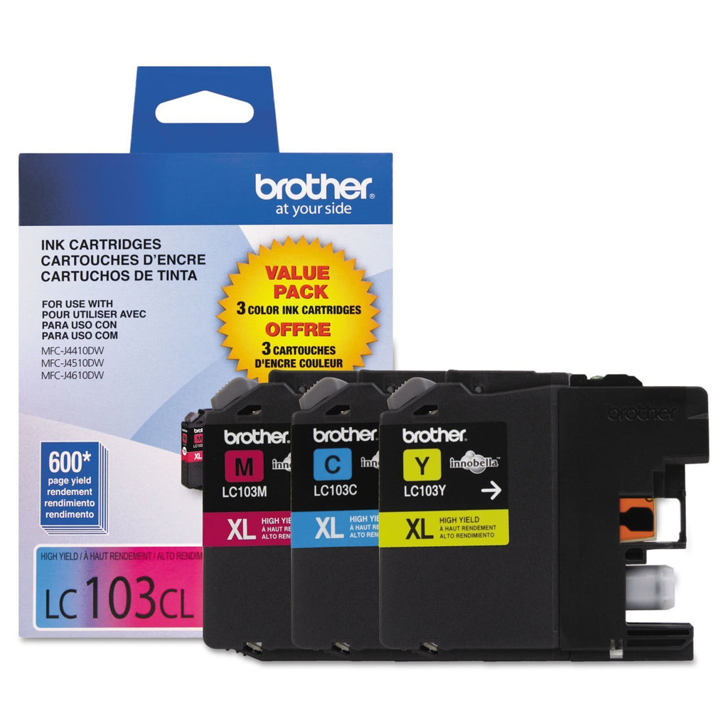 Brother Genuine High Yield Color Ink Cartridge, 3 Pack of LC103 , Replacement Color Ink Three Pack, Includes 1 Cartridge Each of Cyan, Magenta & Yellow, Page Yield Upto 600 Pages/Cartridge, LC103 Cyan-Magenta-Yellow