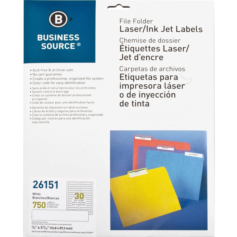 Business Source 26151 Filing Labels, Laser/Inkjet, 2/3-Inch x 3-7/16-Inch, 750/PK, White