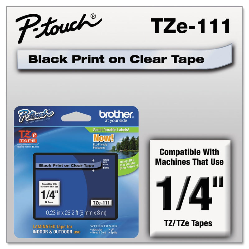 Brother TZE111 TZe Standard Adhesive Laminated Labeling Tape, 1/4-Inch w, Black on Clear