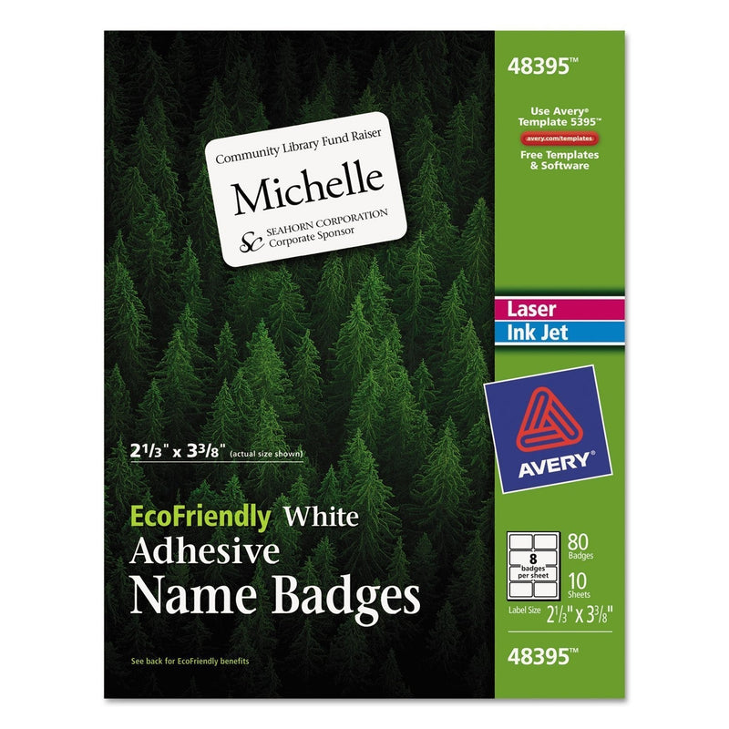 Avery 48395 EcoFriendly Adhesive Name Badge Labels, 2 1/3 x 3 3/8, White, 80/Pack