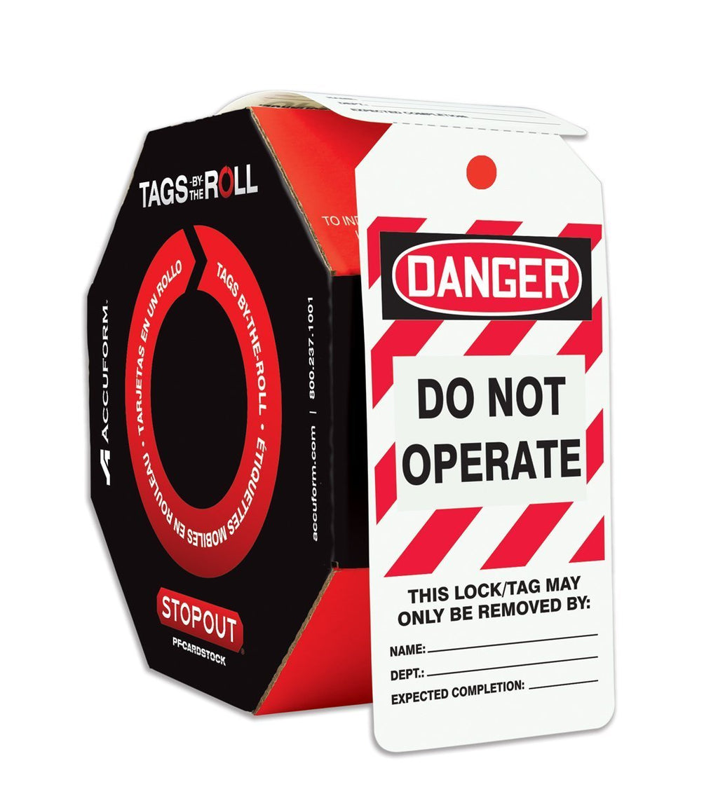 Accuform 100 Lockout Tags by-The-Roll, Danger Do Not Operate, US Made OSHA Compliant Tags, Tear & Water Resistant PF-Cardstock, 6.25"x 3", TAR404