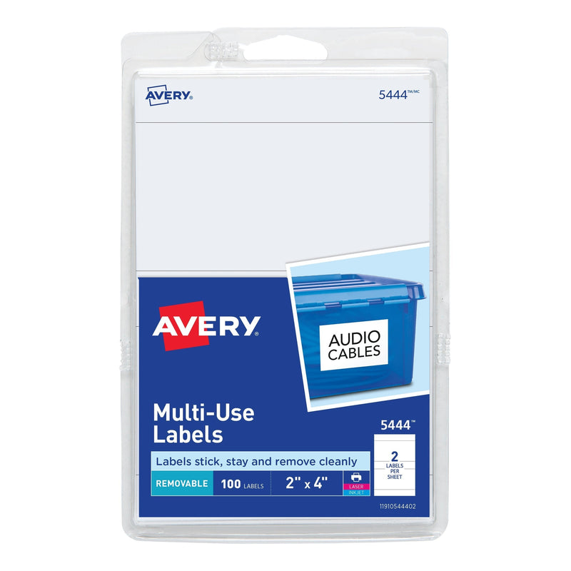 Avery Removable Print or Write 2" x 4" Labels - Great for Home Organization Projects, Pack of 100 White Labels (5444)