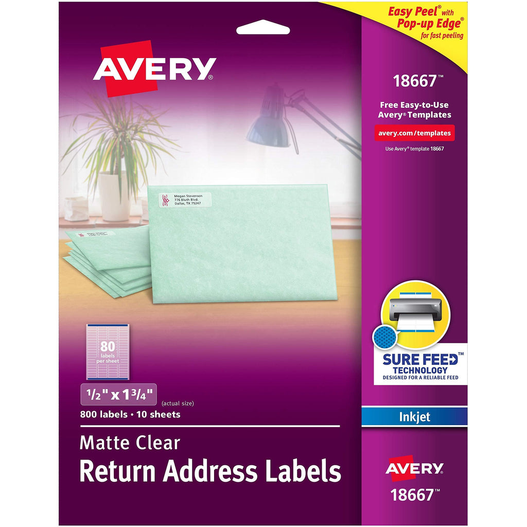 Avery Matte Clear Return Address Labels, Sure Feed Technology, Inkjet, 1/2" x 1-3/4", 800 Labels (18667)