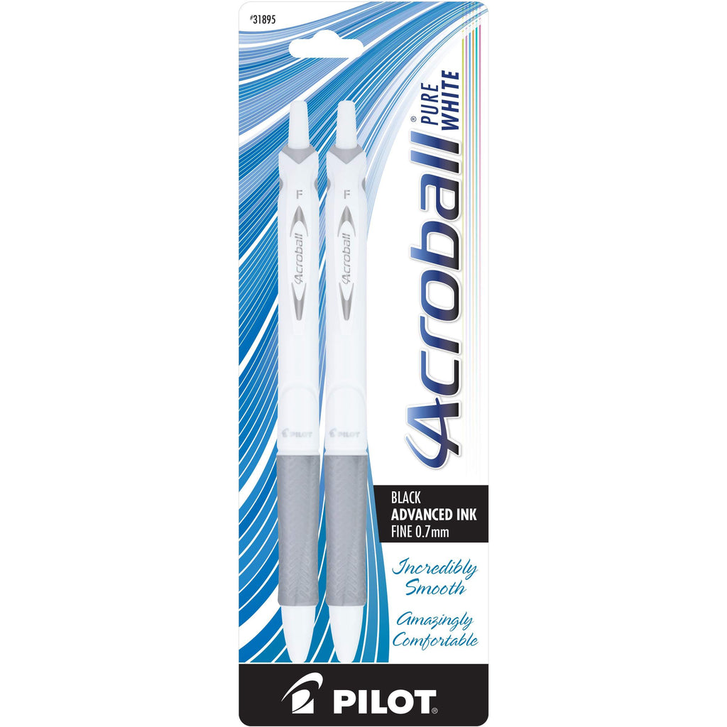 Pilot Acroball PureWhite Retractable Advanced Ink Ball Point Pens; Fine Point, Black Ink, Silver Accents 2-Pack (31895) Ultra-Smooth Writing, Smear-Resistant Advanced Ink for Skip-Free Lines