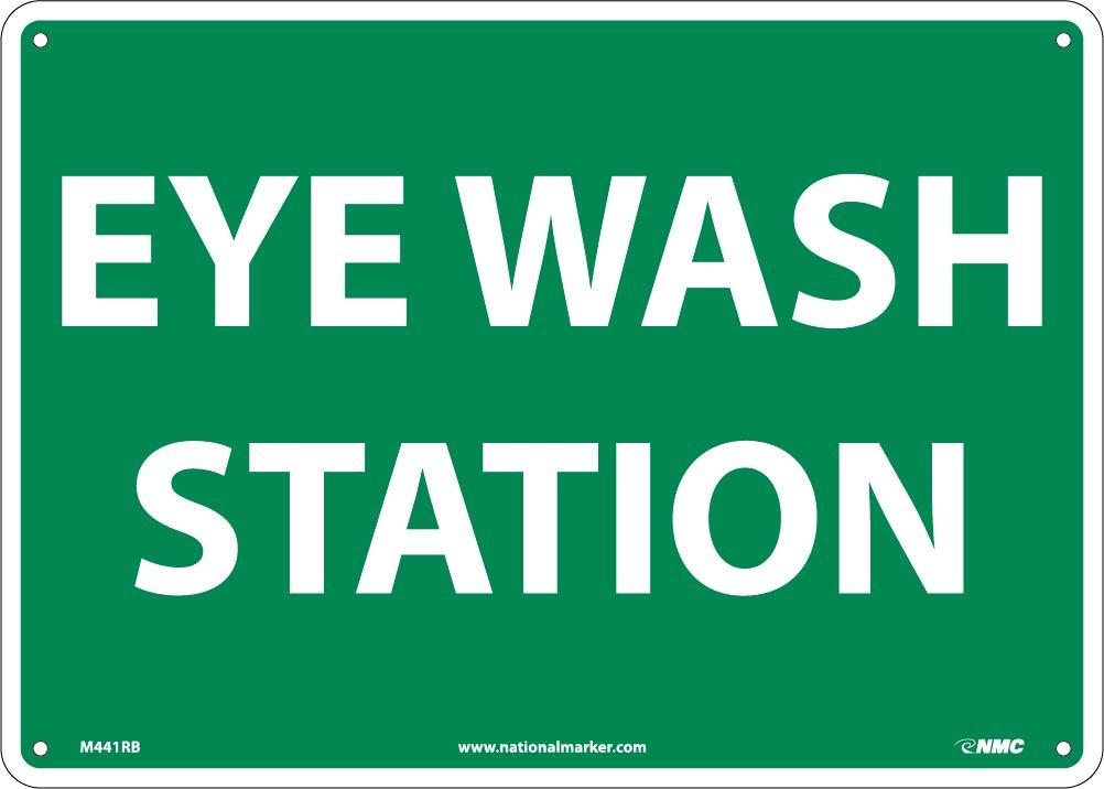 NMC M441RB Emergency and First Aid Sign, "EYE WASH STATION", 14" Width x 10" Height, Rigid Plastic, White On Green