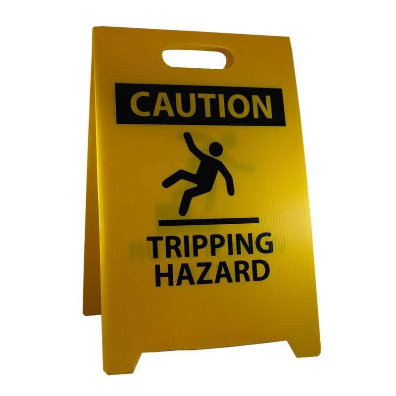 NMC FS36 CAUTION TRIPPING HAZARD Sign with Graphic - 12 in. x 19 in. Corrugated Plastic, Double-Sided Floor Sign with Black on Yellow
