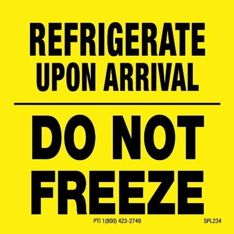 Polar Tech SCL534 Pressure Sensitive Permanent Adhesive Label, "REFRIGERATE UPON ARRIVAL DO NOT FREEZE", 3" Length x 3" Width, Black on Yellow (Roll of 500)