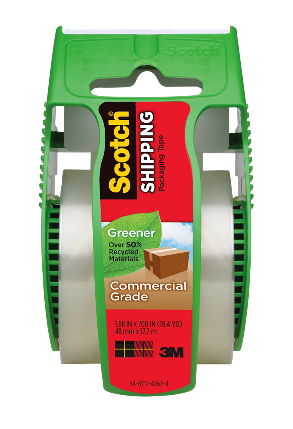 Scotch Greener Commercial Grade Shipping Packaging Tape with Dispenser, 1.88 in. x 700 in., 1 Dispenser/Pack