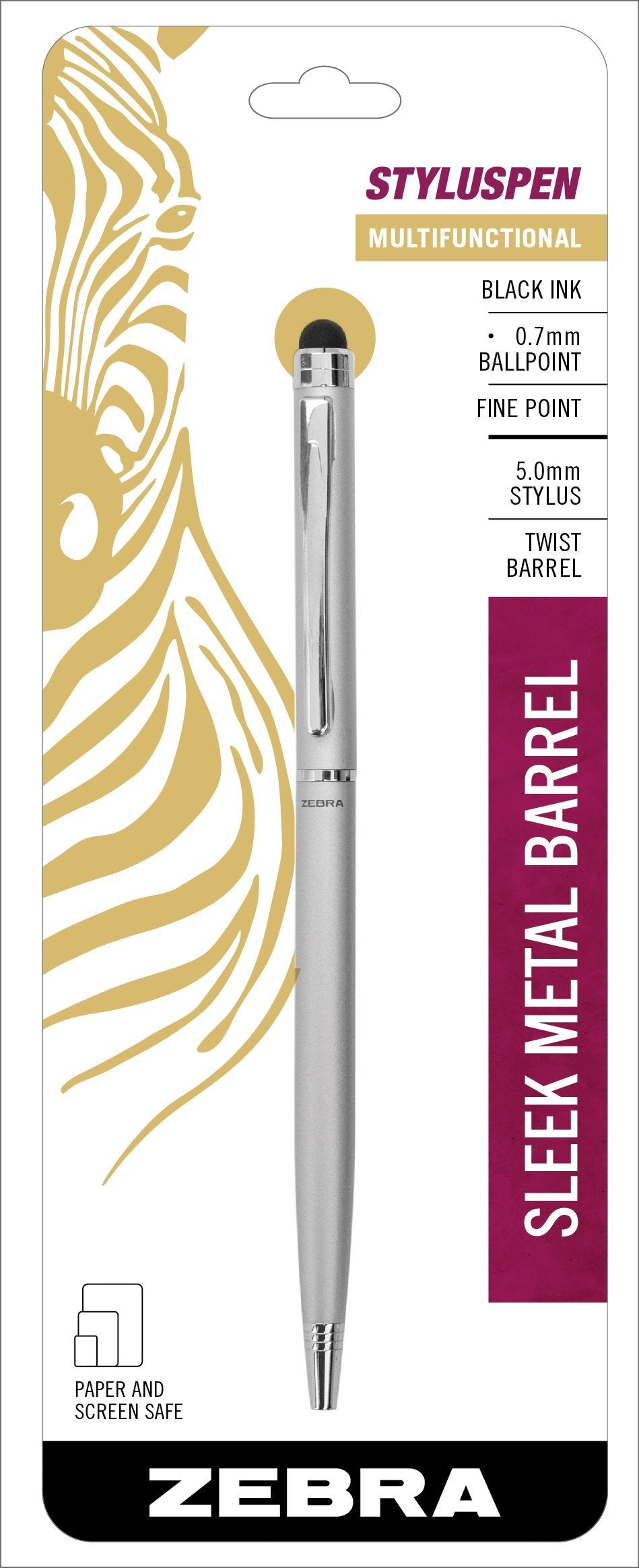 Zebra StylusPen Twist Retractable Ballpoint Pen, Fine Point, 0.7mm, Black Ink, Silver Barrel, 1-Count