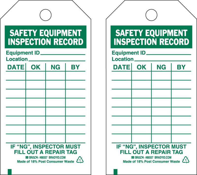 Brady 86557 5 3/4" Height x 3" Width, Economy Polyester (B-851), Green on White Safety Equipment Tags (10 Tags)