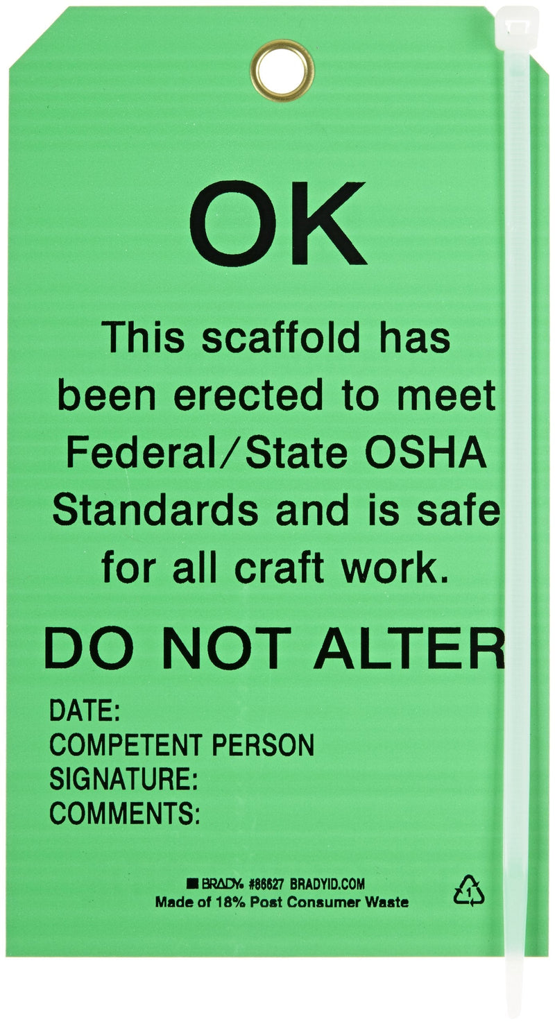 Brady 86627 7" Height x 4" Width, Economy Polyester (B-851), Black on Green Scaffolding Tags (10 Tags)