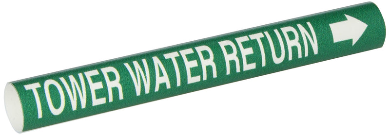 Brady 4143-B Bradysnap-On Pipe Marker, B-915, White On Green Coiled Printed Plastic Sheet, Legend "Tower Water Return"