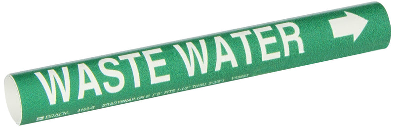 Brady 4153-B Bradysnap-On Pipe Marker, B-915, White On Green Coiled Printed Plastic Sheet, Legend "Waste Water"