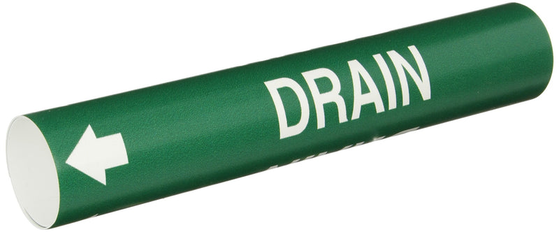 Brady 4055-C Bradysnap-On Pipe Marker, B-915, White On Green Coiled Printed Plastic Sheet, Legend "Drain"