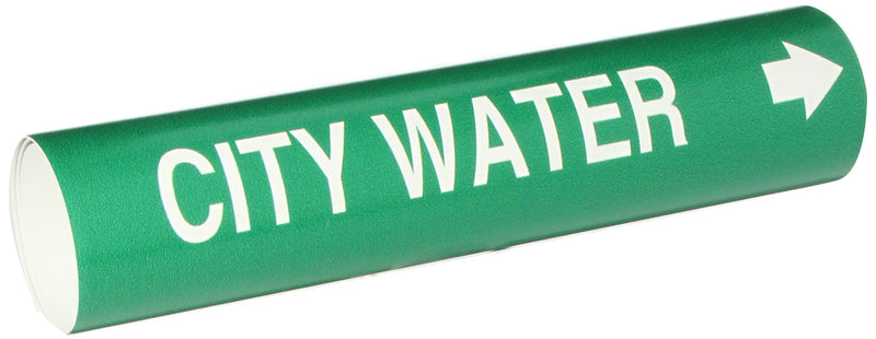 Brady 4028-D Bradysnap-On Pipe Marker, B-915, White On Green Coiled Printed Plastic Sheet, Legend "City Water"