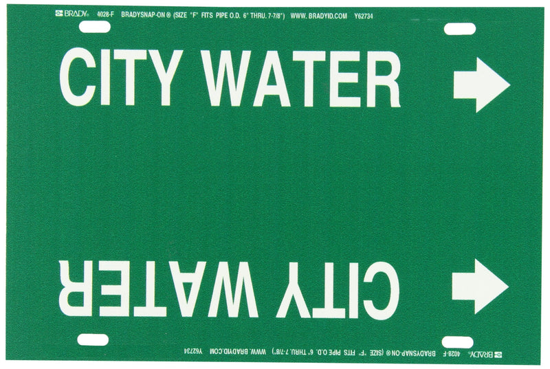 Brady 4028-F Brady Strap-On Pipe Marker, B-915, White On Green Printed Plastic Sheet, Legend "City Water"