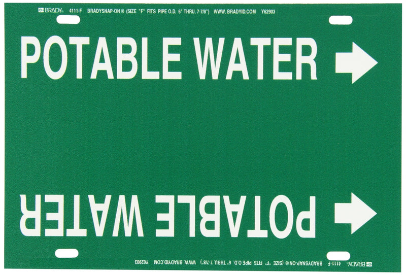 Brady 4111-F Brady Strap-On Pipe Marker, B-915, White On Green Printed Plastic Sheet, Legend "Potable Water"