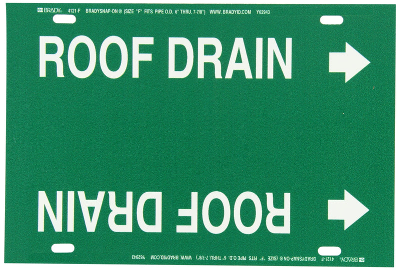 Brady 4121-F Brady Strap-On Pipe Marker, B-915, White On Green Printed Plastic Sheet, Legend "Roof Drain"