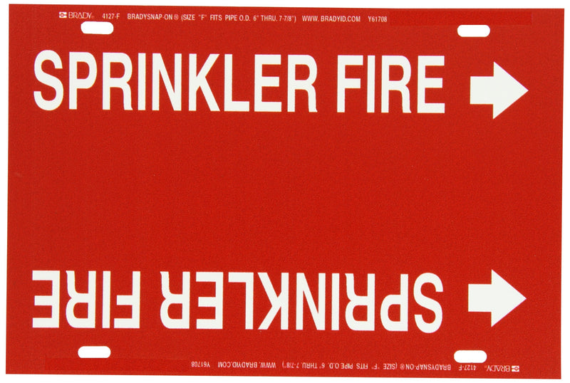 Brady 4127-F Brady Strap-On Pipe Marker, B-915, White On Red Printed Plastic Sheet, Legend "Sprinkler Fire"
