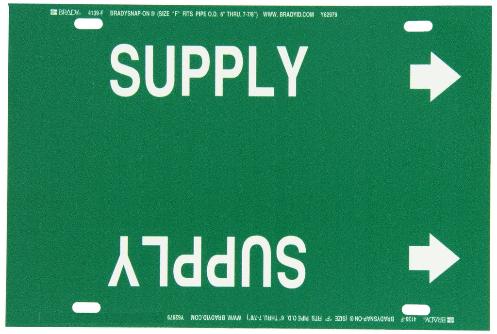 Brady 4139-F Brady Strap-On Pipe Marker, B-915, White On Green Printed Plastic Sheet, Legend "Supply"