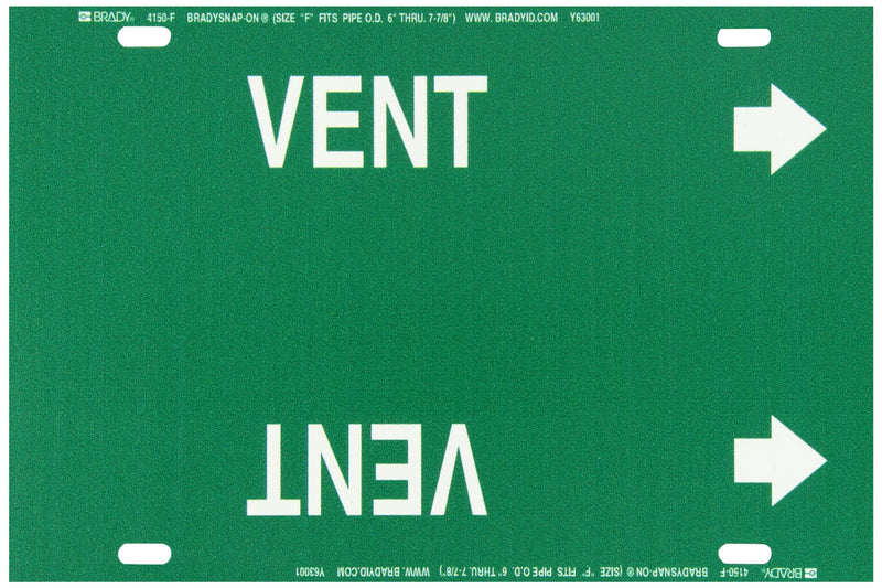 Brady 4150-F Brady Strap-On Pipe Marker, B-915, White On Green Printed Plastic Sheet, Legend "Vent"